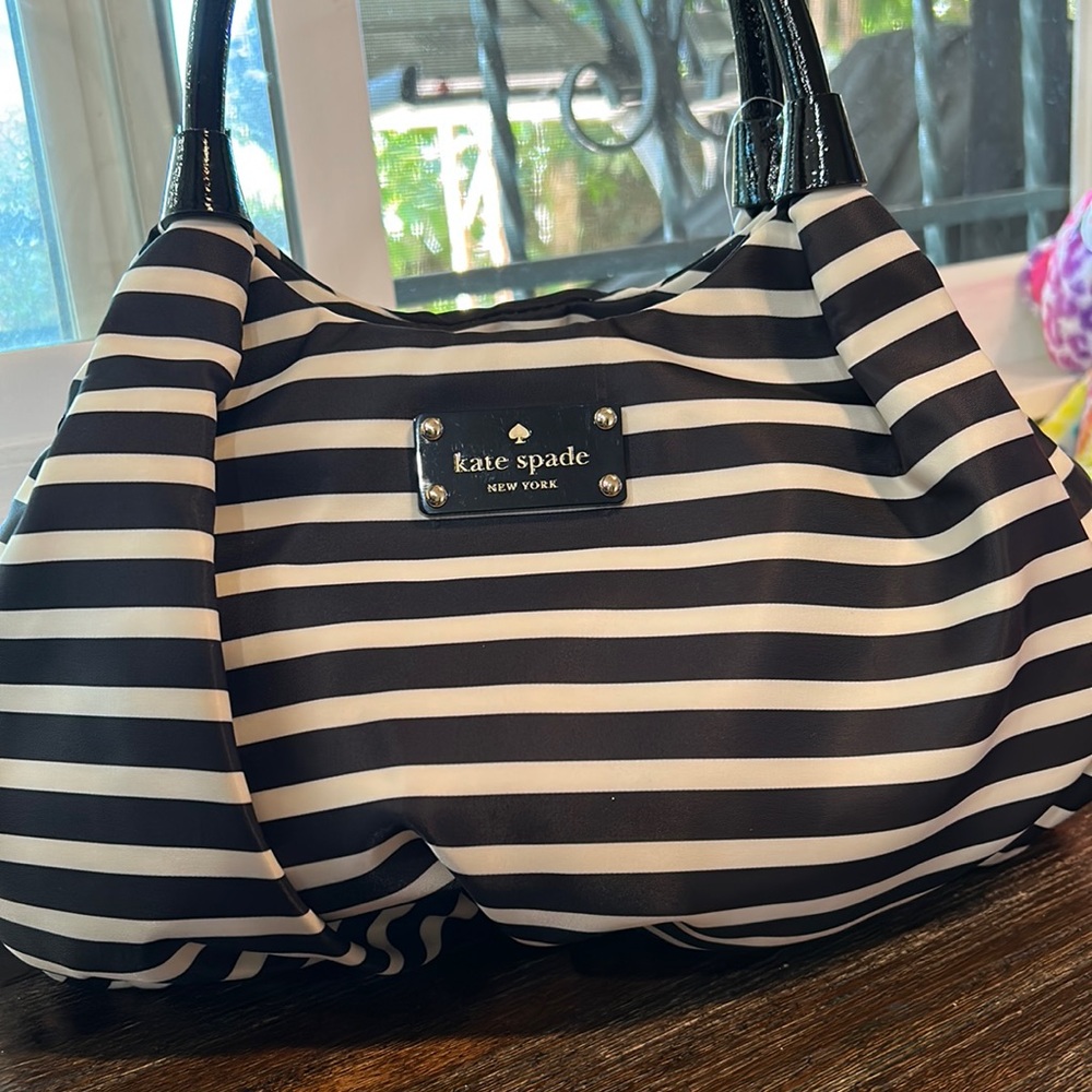 Vintage Kate Spade Black/White Striped 'Karen' Pleated Nylon Satchel NEW.